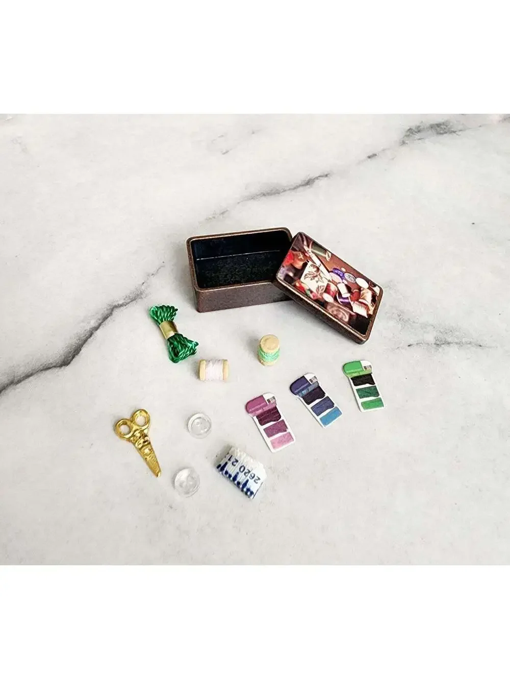 Miniature Dollhouse Sewing Box Kit Mini Green Thread Scissors Buttons